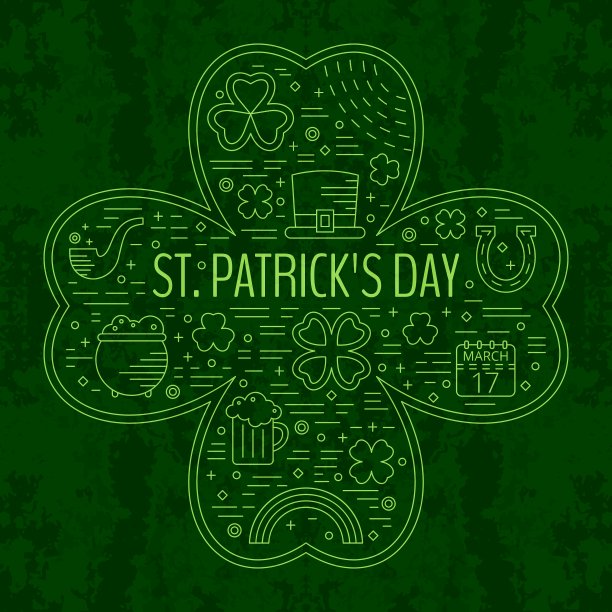 圣帕特里克日线图标设置在三叶草形状图片下载