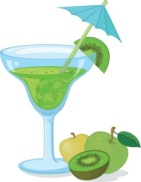 装有绿色饮料和水果的玻璃杯图片下载