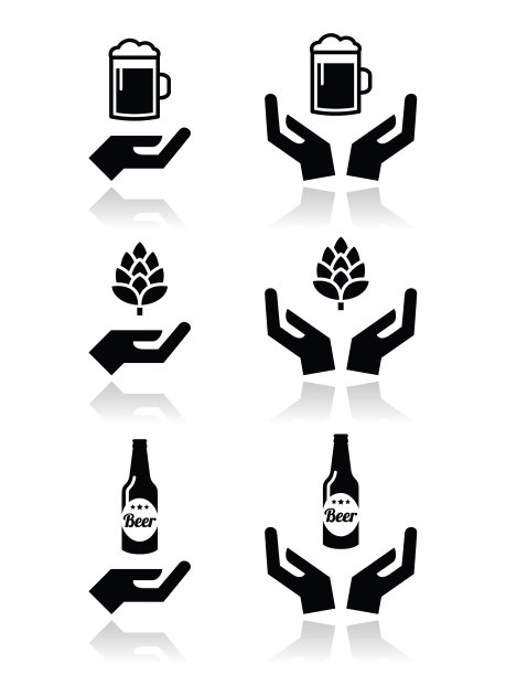 啤酒瓶和玻璃啤酒花与手图标设置图片下载