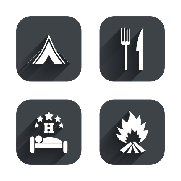 食物、睡眠、露营帐篷和火的标志图片下载