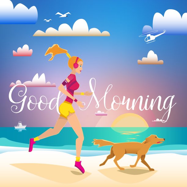 早上女孩和狗在海滩上跑步图片下载