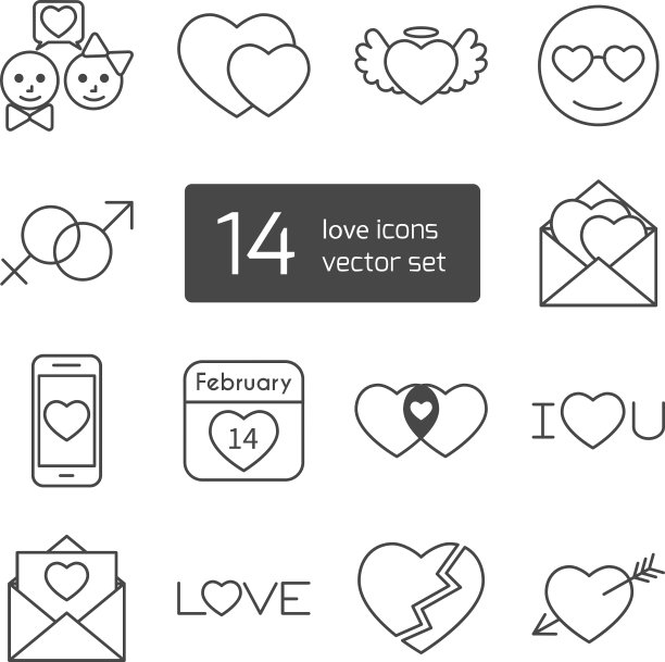 一套孤立的爱细线勾勒图标图片下载