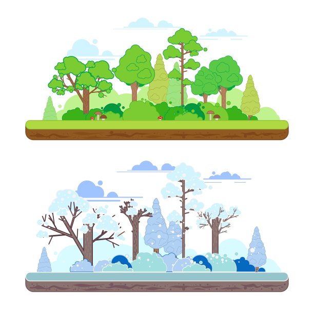 冬天和夏天的森林场景在y平风格图片下载