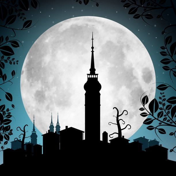 满月与城镇剪影-房子和图片下载