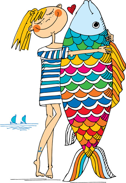 手绘的女孩和大鱼图片下载