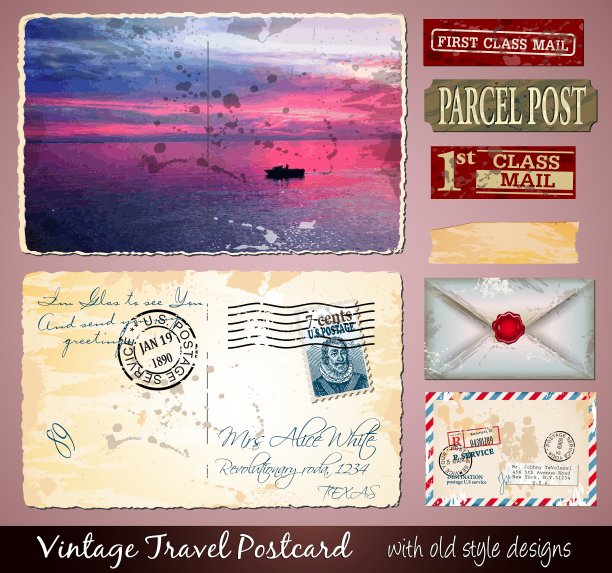 旅游复古明信片设计与古董的外观图片下载
