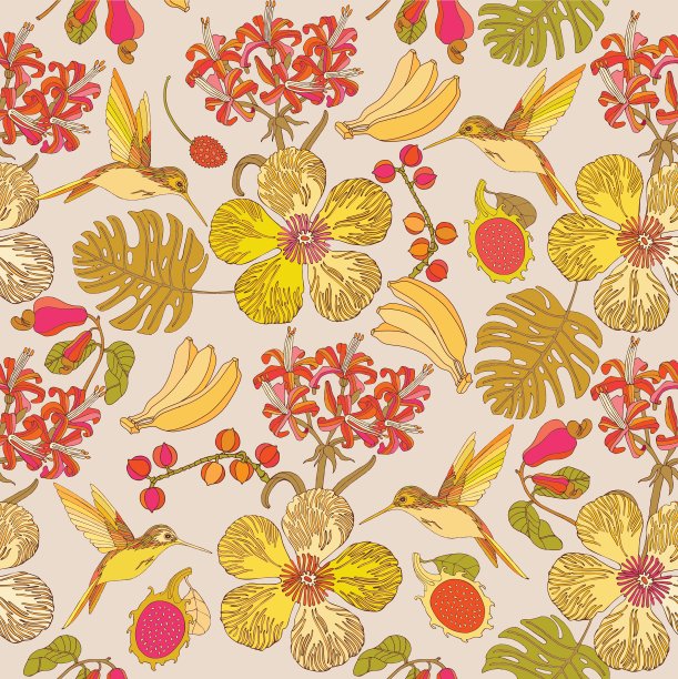 无缝热带花卉与香蕉和鸟类图片下载
