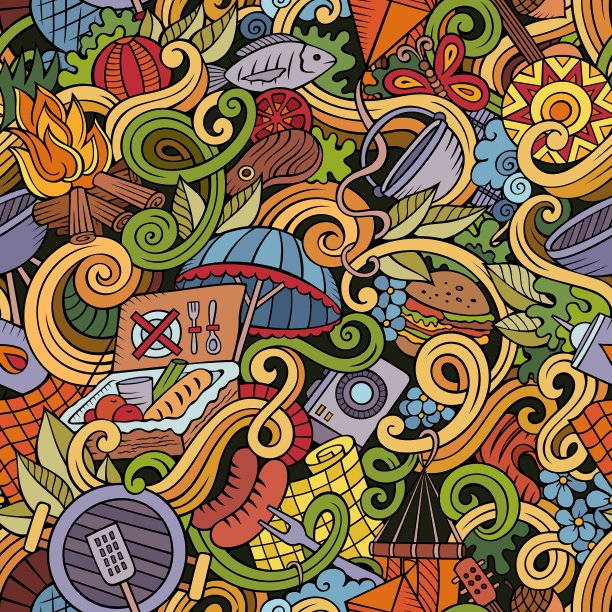 卡通手绘野餐涂鸦无缝图案图片下载