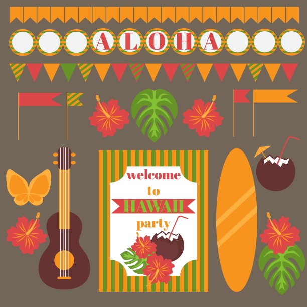 夏威夷派对元素模板的可打印集图片下载