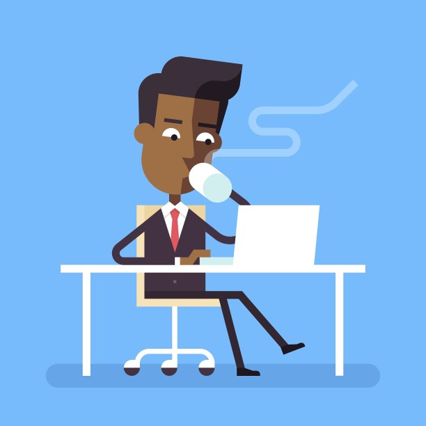 一个拿着笔记本电脑和热饮坐在办公桌前的男人图片下载