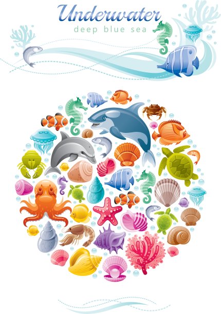 海洋旅游图标设置与水下潜水动物图片下载