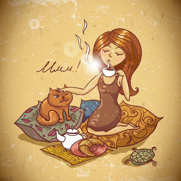 喝茶或咖啡的美丽女孩图片下载