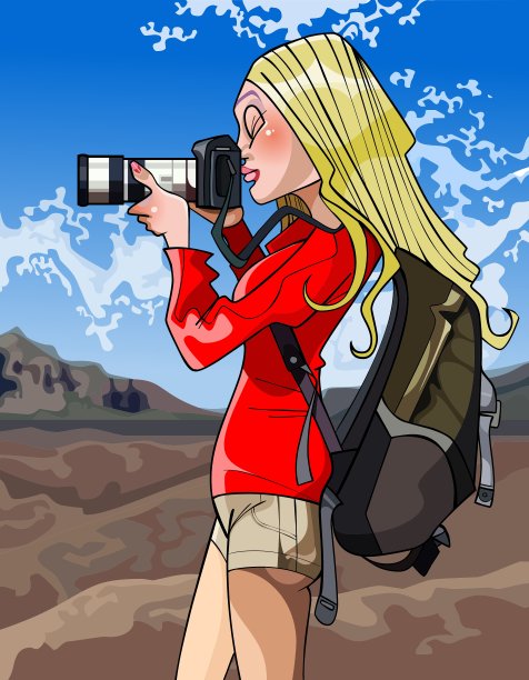 卡通女游客与一个背包拍摄图片下载