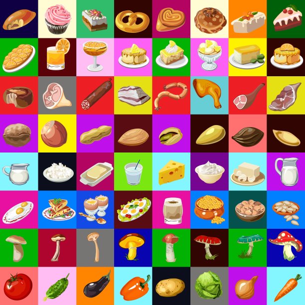 很棒的一套各种各样的食物，64件物品图片下载