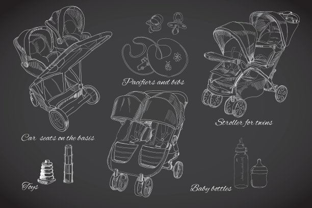 手绘组为双胞胎图形素描婴儿车图片下载