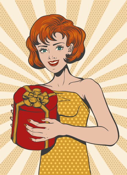 红发女孩在复古风格持有礼盒图片下载