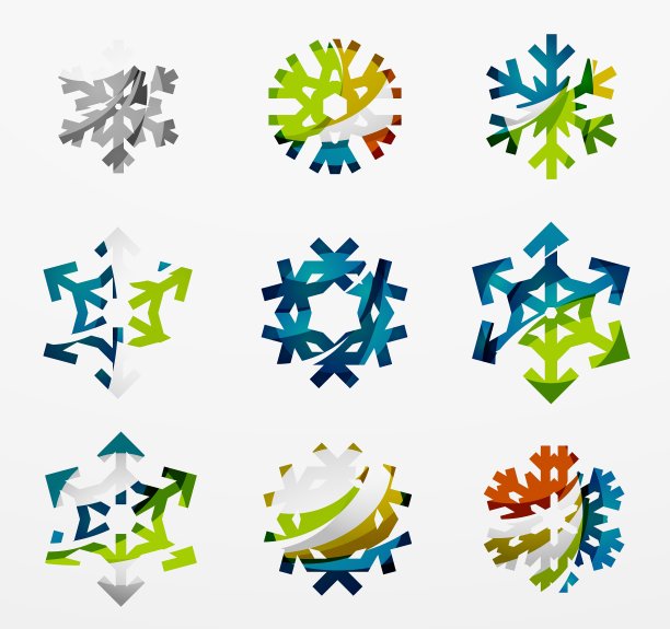 一套抽象的彩色雪花标志图标图片下载
