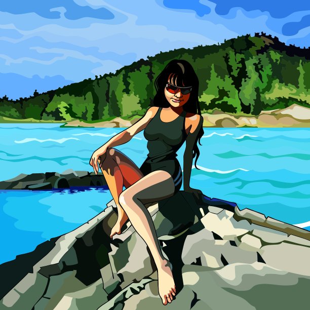 女孩坐在河边的岩石上图片下载