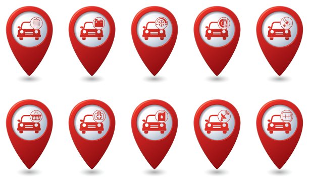 一组10个指针汽车与标志上的红色指针图片下载