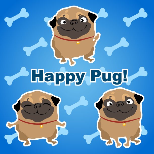 三只快乐的狗在蓝色的背景和骨头图片下载