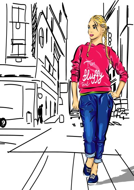 性感时尚女孩在素描风格对一个城市图片下载