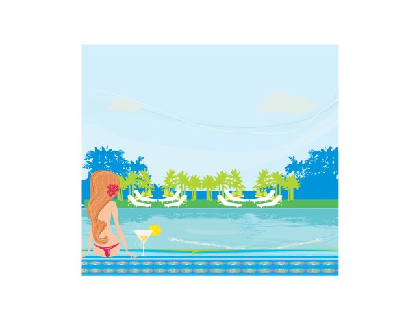 年轻女子在泳池边晒太阳图片下载