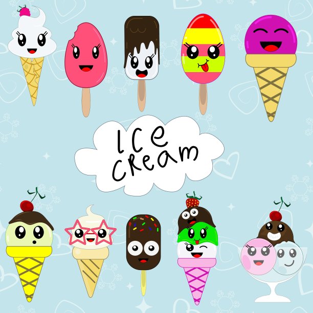 一套可爱的卡通冰淇淋在日本卡哇伊图片下载
