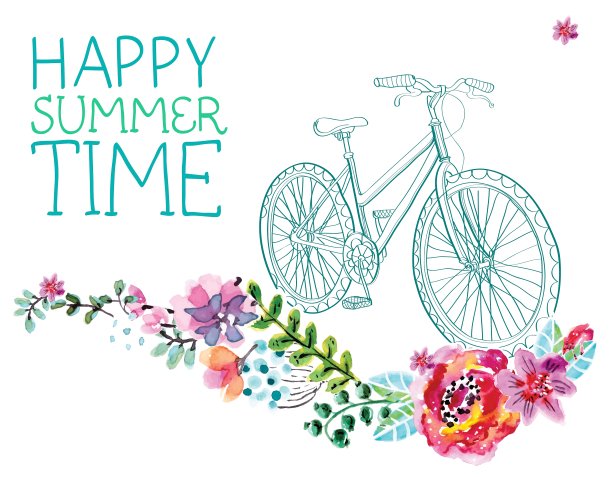 水彩画花和自行车图片下载