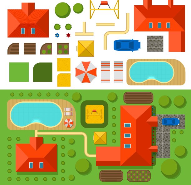 私人住宅平面图，带花园游泳池和汽车图片下载