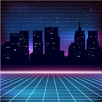 80年代复古科幻背景与城市剪影图片下载