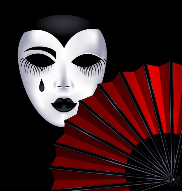 黑白面具和红色扇子图片下载