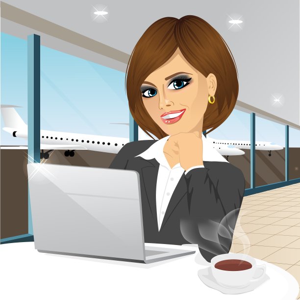 在机场用笔记本电脑工作的女商人图片下载