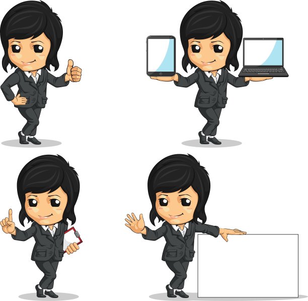 微笑的女商人吉祥物在各种姿势图片下载