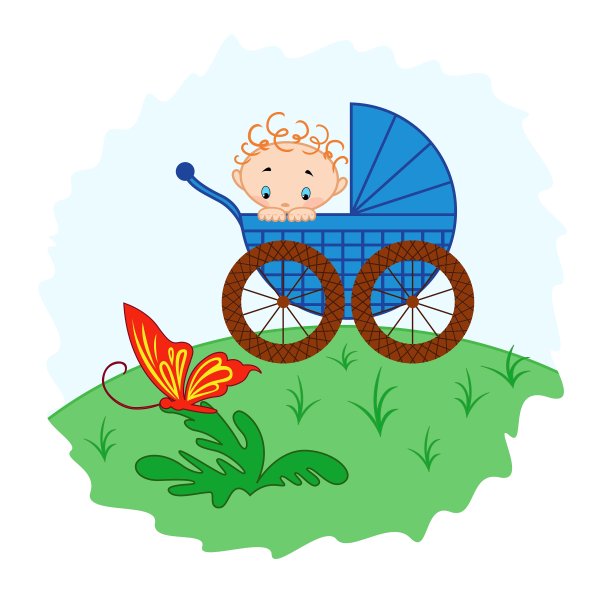 婴儿车里的小男孩在看蝴蝶图片下载