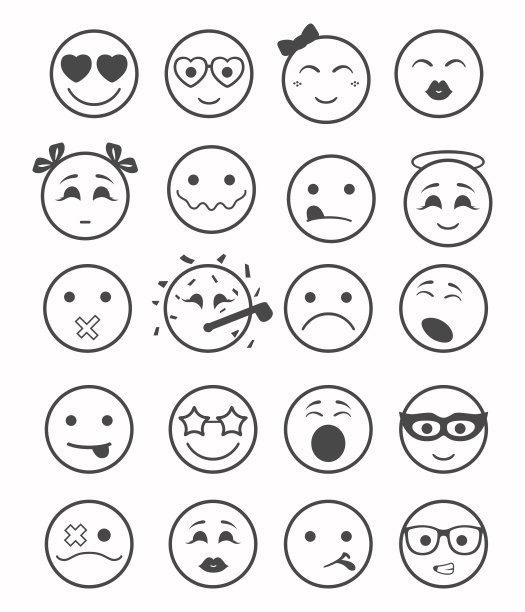 20个微笑图标设置儿童黑色和白色图片下载