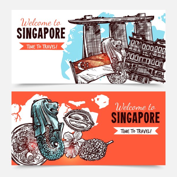 新加坡手绘素描横幅图片下载