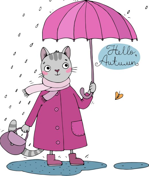 可爱的卡通猫伞雨和水坑图片下载