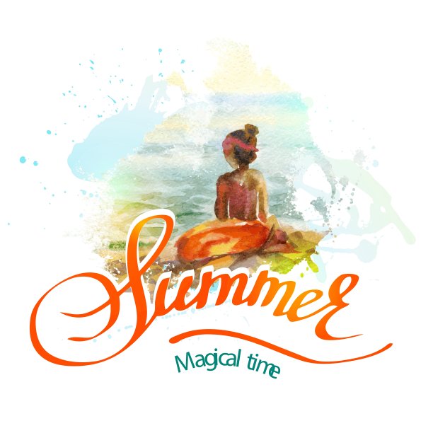 水彩海景与女孩图片下载