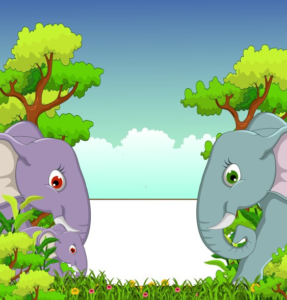 以森林为背景的一对大象卡通图片下载