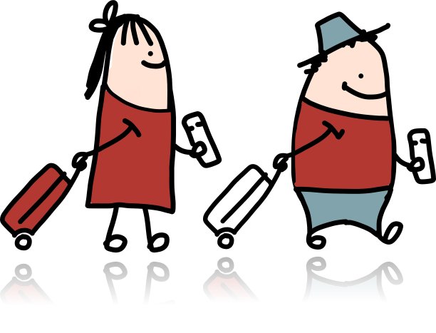 带着行李箱和票的卡通夫妇图片下载