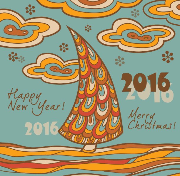 带圣诞树的2016复古贺卡图片下载