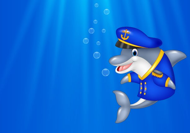 卡通海豚穿着船长制服游泳图片下载