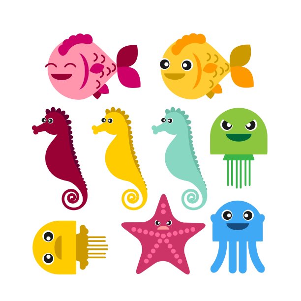 五颜六色的海马、水母、海星图片下载