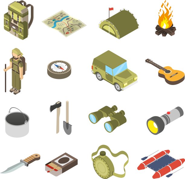 一套徒步旅行和露营图标图片下载