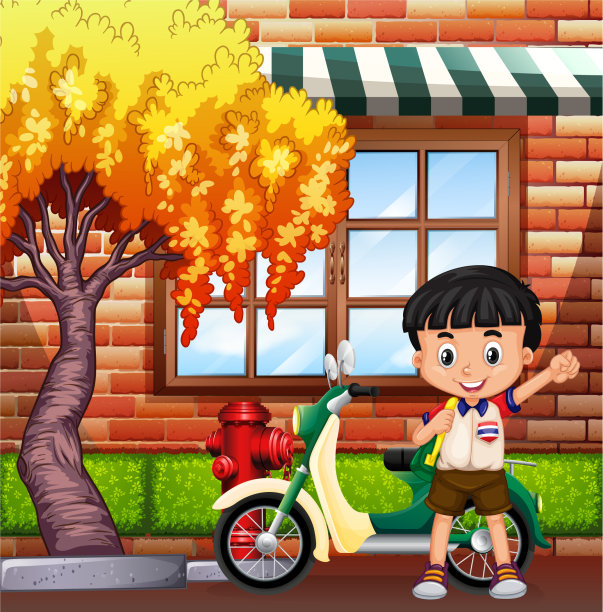 小男孩和摩托车在街上图片下载