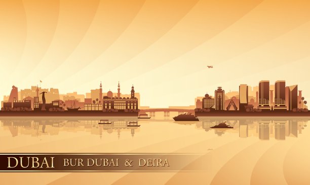 迪拜德拉和Bur迪拜天际线剪影图片下载