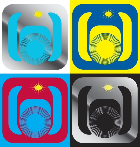 一组带有彩色相机的图形图标图片下载