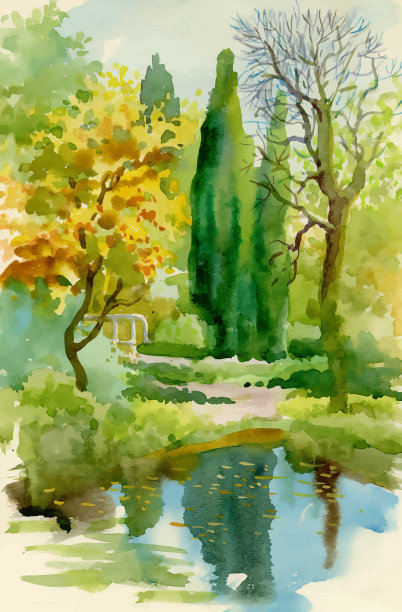 水彩画的夏季乡村景观图片下载