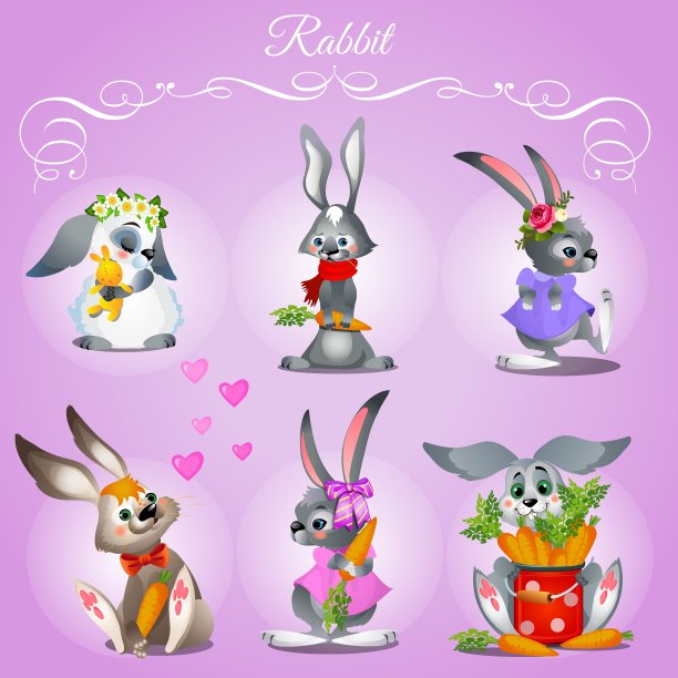 在紫色背景上的六只兔子图片下载