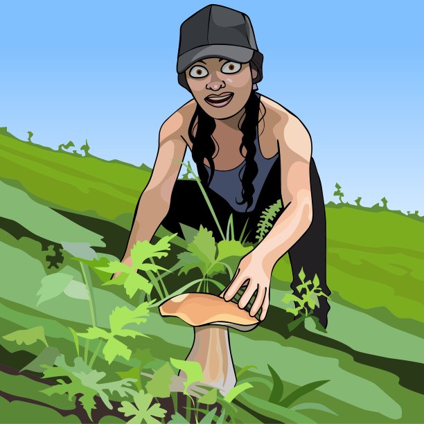 卡通女孩在草丛中发现了一只蘑菇图片下载